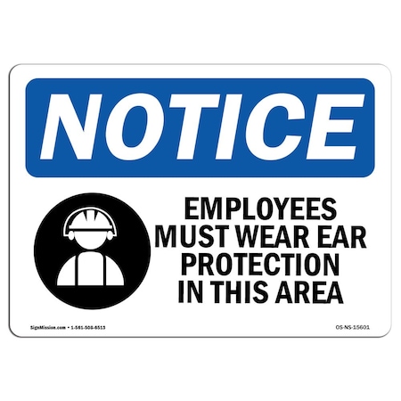 OSHA Notice Sign, NOTICE Employees Must Wear Ear Protection, 24in X 18in Aluminum